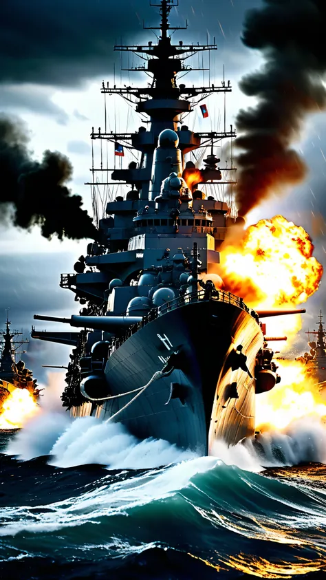 a massive warship, battleship yamato,heavy artillery,large caliber guns,dramatic battle scene,historical naval warfare,dark stor...