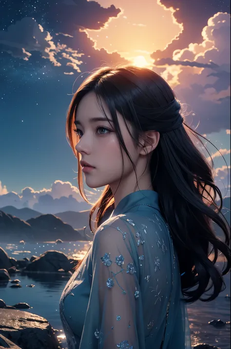 1 girl, Very detailedな目と顔, Beautiful lip detail, Long eyelashes, Slender body, Cute Dress, Beautiful night sky, Meteor Shower, Beyond the Clouds, Surrounded by water, reflection, Wide angle, Breathtakingly beautiful clouds, by Makoto Shinkai, Thomas Kinkad...