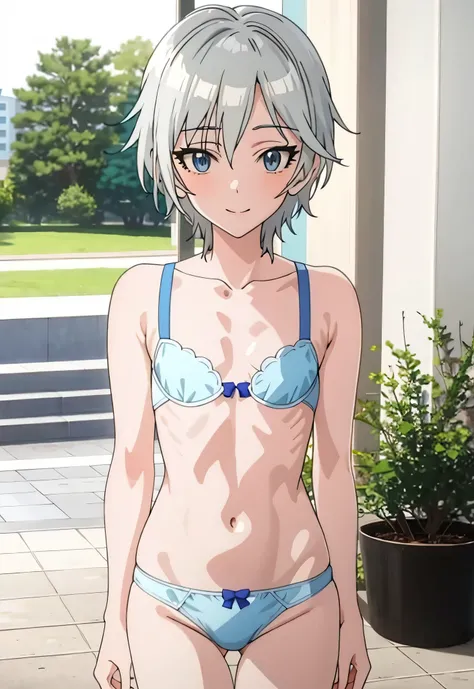 anime男の子, Short silver-haired boy, Blue Eyed Boy, In underwear, alone, seductive anime, White bra, navel, collarbone, White panties, Only underwear, On Pixiv, attractive anime, slender body, Bra and panties only, Casual pose, Small curve , on pixiv highly ...