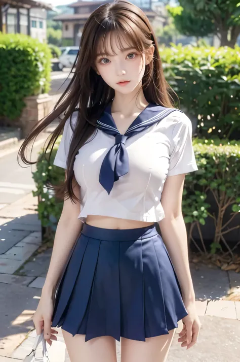 (Ultra HD), (Looking at me), (Short-sleeved sailor uniform, Navy blue mini skirt), Big Breasts, Super beautiful breasts, Slender, (Thin legs:1.2), (Thin thighs:1.2), (Thin Hips:1.4), (Beautiful Skin, Shiny skin, White skin), (Super slim face, Super beautif...