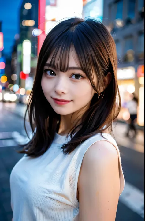 1girl, Tokyo street,night, cityscape,city lights,upper body,close-up,smile,, (8k, RAW photo, best quality, masterpiece:1.2),(realistic, photo-realistic:1.37),