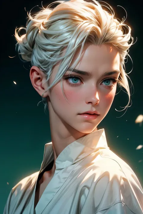 Blond man, 2, older, with white hair tied in a low bun and a white blouse, looking away with green eyes, a character portrait by Yanjun Cheng, trending on Artstation, Digital Art, artwork in the style of guweiz, guweiz, guweiz on artstation pixiv, guweiz o...