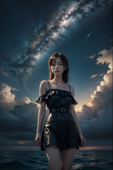 1 girl, Very detailedな目と顔, Beautiful lip detail, Long eyelashes, Slender body, Cute Dress, Beautiful night sky, Meteor Shower, Beyond the Clouds, Surrounded by water, reflection, Wide angle, Breathtakingly beautiful clouds, by Makoto Shinkai, Thomas Kinkad...