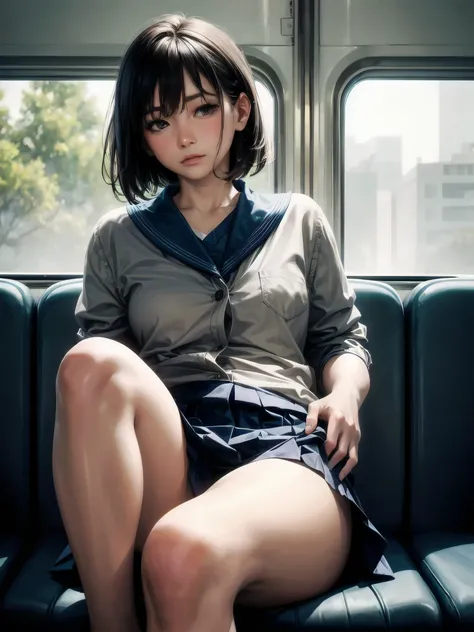 "(masterpiece, High resolution, Ultra High resolution, 4K) Black Hair,Short Hair, Japanese Girls , Uniform skirt, Accentuate your thighs, White Rhinoceros, Soft thighs, Great thighs, Sitting on a train, Facing angle, (Angle from below),sitting on a train s...