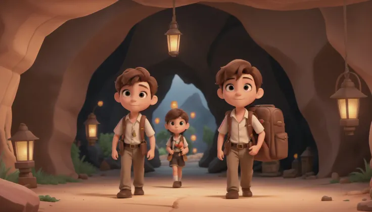 A handsome  with brown hair wearing a backpack walking with a pretty  girl, passing through a cave securing lanterns.