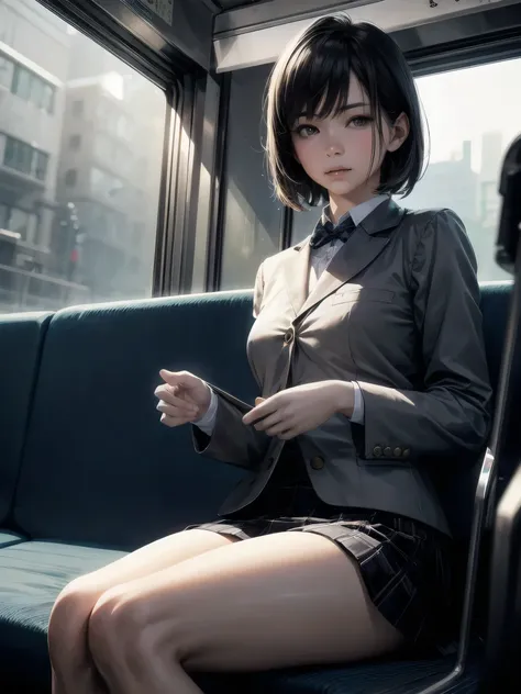 "(masterpiece, High resolution, Ultra High resolution, 4K) Black Hair,Short Hair, Japanese Girls , Uniform skirt, Accentuate your thighs, White Rhinoceros, Soft thighs, Great thighs, Sitting on a train, Facing angle, (Angle from below),sitting on a train s...