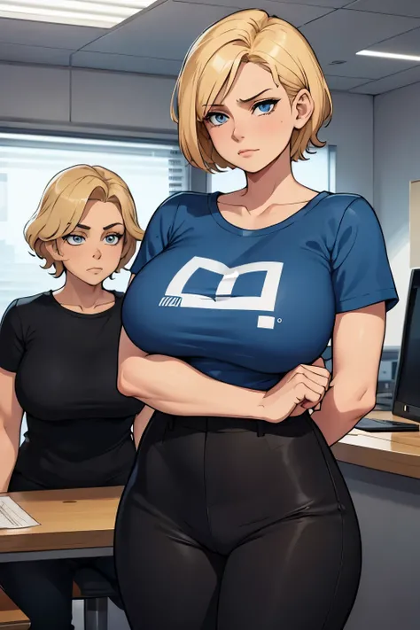 a 40 year old woman, short hair blonde, big breasts, He is wearing a blue t-shirt, and black pants, She has her head tilted down, as if feeling guilty about something, is in an office.