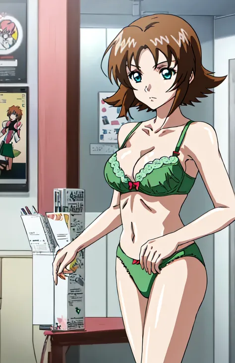 anime girls in a green bra with a pink bow and green panty with a pink bow、short brown hair girl、blue eyed girl、short wolf hair、...