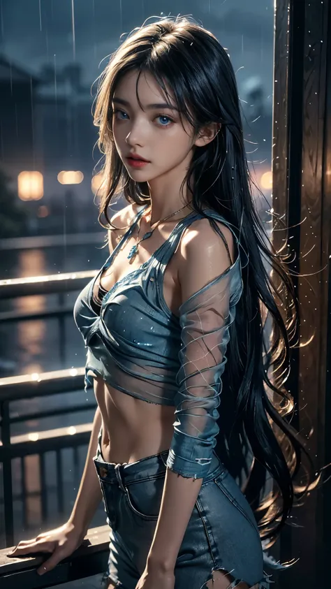 Top quality, masterpiece, ultra high definition, Original photo, 1 Girl, ((mesh sardine)), cinematic lighting, very long hair, detailed eyes, wind, necklace, piercing, ((torn clothing)), ((blue clothing)), ((glowing lights)), ((water)), in the balcony, rai...