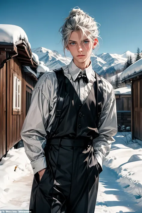 A young androgynous man, around twenty nine years old, with pale white skin and long gray-blond hair tied in a neat bun. His striking lime-green eyes contrast with a subtle scar running across the side of his mouth. His expression is a blend of strength an...