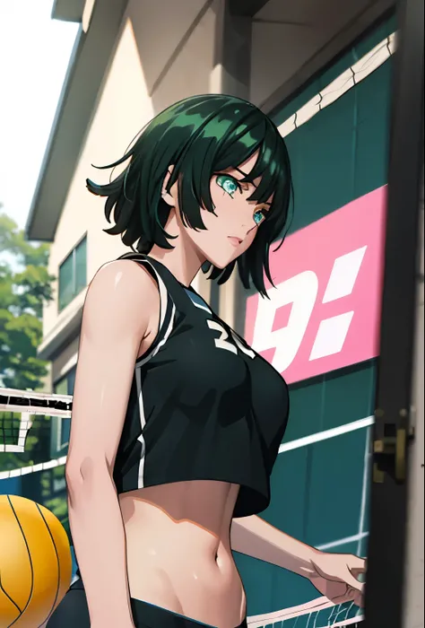 green eyes, (green color hair:1.2),By bang，short hair, 
BREAK ((((buruma:1.3), (crop top:1.1), sleeveless volleyball uniform)):1.2),
BREAK (masterpiece:1.2), best quality, high resolution, unity 8k wallpaper,NSFW ,(illustration:0.8), (beautiful detailed ey...