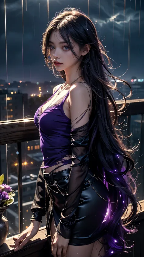 Top quality, masterpiece, ultra high definition, Original photo, 1 Girl, ((mesh sardine)), cinematic lighting, very long hair, detailed eyes, wind, necklace, piercing, ((torn clothing)), ((purple clothing)), ((glowing lights)), ((water)), in the balcony, r...