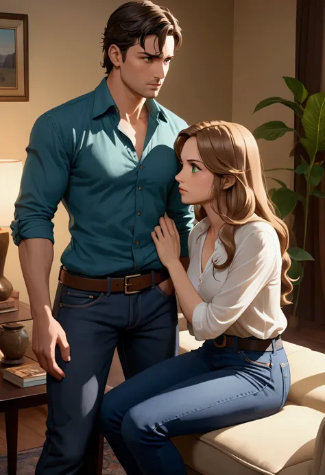 Couple in a living room. The woman, 2, with long light brown hair, green eyes, slim build, and white blouse, He has a defiant expression looking directly at the man. He, 30 years old, short and dark hair, brown eyes, with blue shirt and jeans, He is visibl...