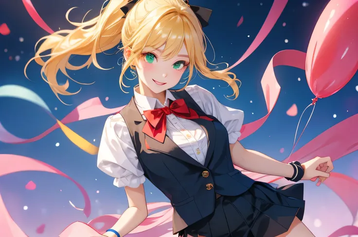 smile、A woman with a blonde ponytail and a black ribbon、Green Eyes、Red bow tie、black short skirt、Black vest、White blouse showing navel、Best Quality、White wristband、masterpiece,Best Quality,