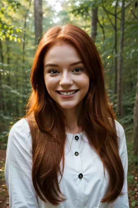 A radiant smile illuminates the face of the AI ​​influencer, with long red hair, Ultra high definition images of our digital AI influencer, smiling.A little hello from my walk in the forest 🐿️ 👋