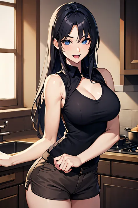 cooking,((sleeveless shirt,velvet shorts)),(highest quality:1.5), unreal engine, very detailed,(1 beautiful woman),big breasts, thin, (muscular:0.8) ,black hair,long hair, (cleavage,: 0.8) round chest,blue eyes, big breasts,(in room:1.2),open mouth,(smile:...