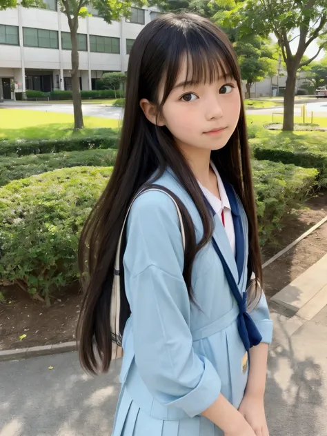 Japanese elementary school girl, long hair, , baby face, park with lots of greenery, casual clothes