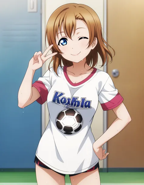 (Masterpiece, Best Quality, High Quality),anime style, love live, honoka kousaka, (blue eyes), brown hair, kousaka honoka, medium hair, 8k wallpaper,looking_at_viewer, football t-shirt, bottomless, hand on hip,v, perfect shadow, beautiful,cozy , collarbone...