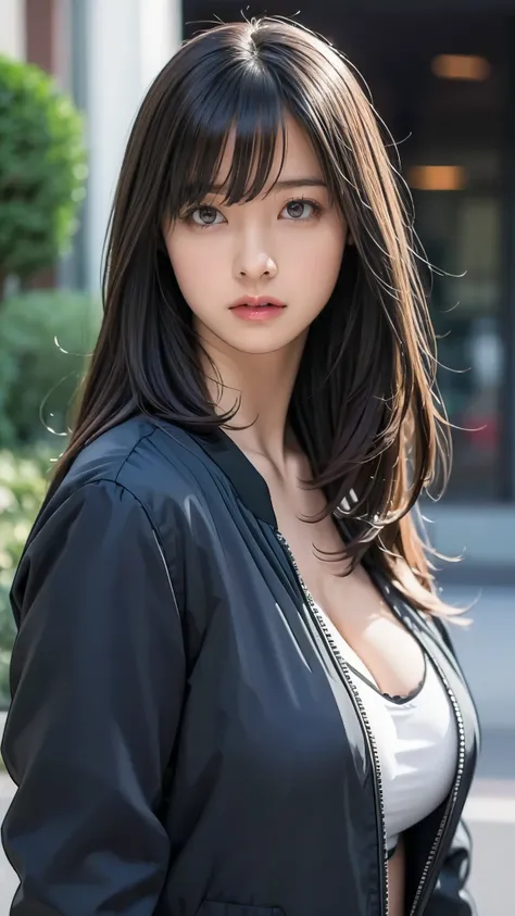 Wearing a black bomber jacket、Semi-realistic girl with school uniform blouse inside,Long black hair, whole body ,, Big Breasts, Cleavage, Angry expression