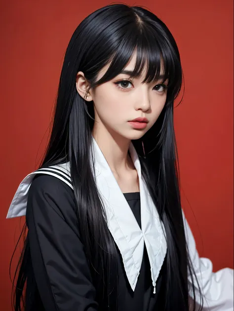 Vibrant black long hair。Bangs that cover the eyebrows。Black Sailor Suit。