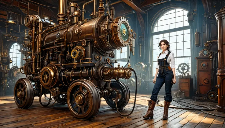 (Best Quality, 4K, masterpiece :1.3), One girl, (steampunk), landscape, steampunk room engine, Engine Repair, Gear, Cog, steam, boots, Overalls, goggles, Dirty Face, standing, mechanical, Oil on the floor, Dirty floor