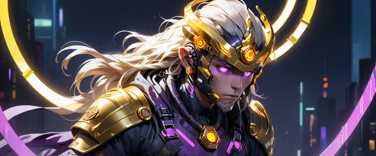 Cyberpunk Armored male Hero with Asymmetrical Windbreaker Neon Energy Accents Highlighting Armor Design Golden Ring Headgear with Minimalist Design, Inspired by Monkey Kings Crown Two Exceptionally Long, Glowing Energy Strips Flowing Dramatically from the ...