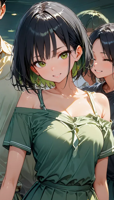 Best Quality, Super Fine, 8k, So ridiculous, Very detailed, 2.5D, Beautiful Goddess,  Delicate and dynamic,  Black Hair, Bobcut, Very young, Small breasts, official art、９Men and women、Mr.々Color