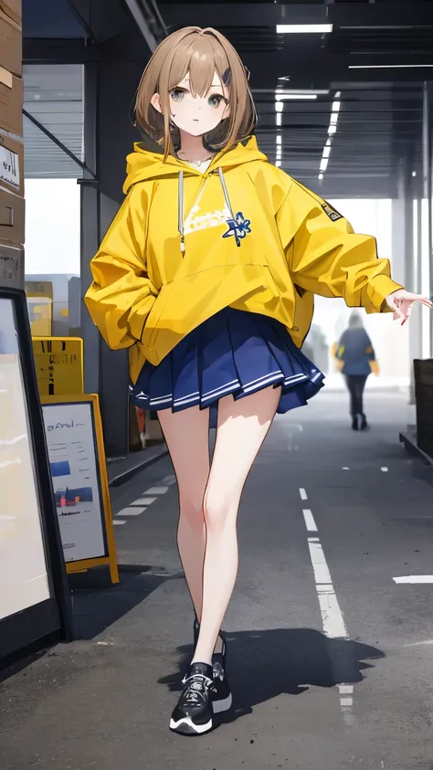 She is wearing a yellow hoodie and a miniskirt、Please draw the whole body of a lively girl。With light brown hair、Hair length is shoulder length。No hood on。I&#39;m wearing sneakers。Has a bright expression。