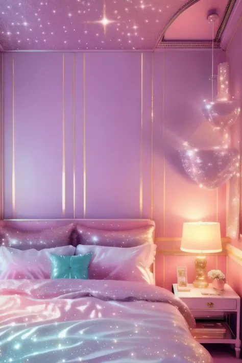 1997 luxurious bedroom, dreamy aesthetic, glow, glitter, very soft pastel tone, soft aesthetic,