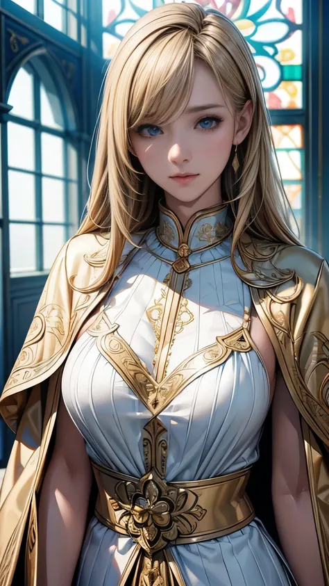 Perfect natural light、8K High Resolution、High resolution、Beautiful woman、masterpiece、Beautiful Mature Woman、RPG style different world、Blonde Saint、Intricately decorated vestments、Beautiful breasts、