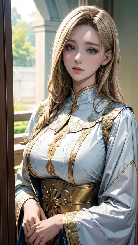 Perfect natural light、8K High Resolution、High resolution、Beautiful woman、masterpiece、Beautiful Mature Woman、RPG style different world、Blonde Saint、Intricately decorated vestments、Beautiful breasts、