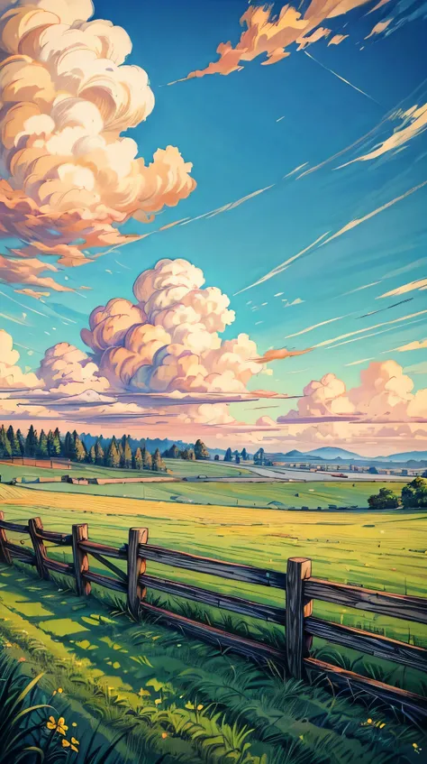 (landscape),(detailed), An open grassy field bordered by an old wooden fence, its weathered boards leaning slightly with age, amazing sky, amazing clouds, beautiful sky, beautiful clouds, colored sky, high qualitity sky, a lot of clouds