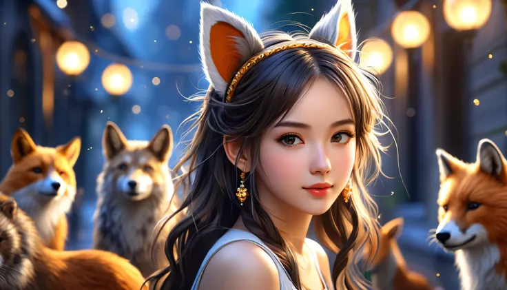 original, Intricate details, Illustration, masterpiece, Highly Detailed CG Unity 8k Wallpaper, Highlights, Sharpening, dynamic, Bokeh, , Beautiful girl with animals_Ears and Hair_ornament