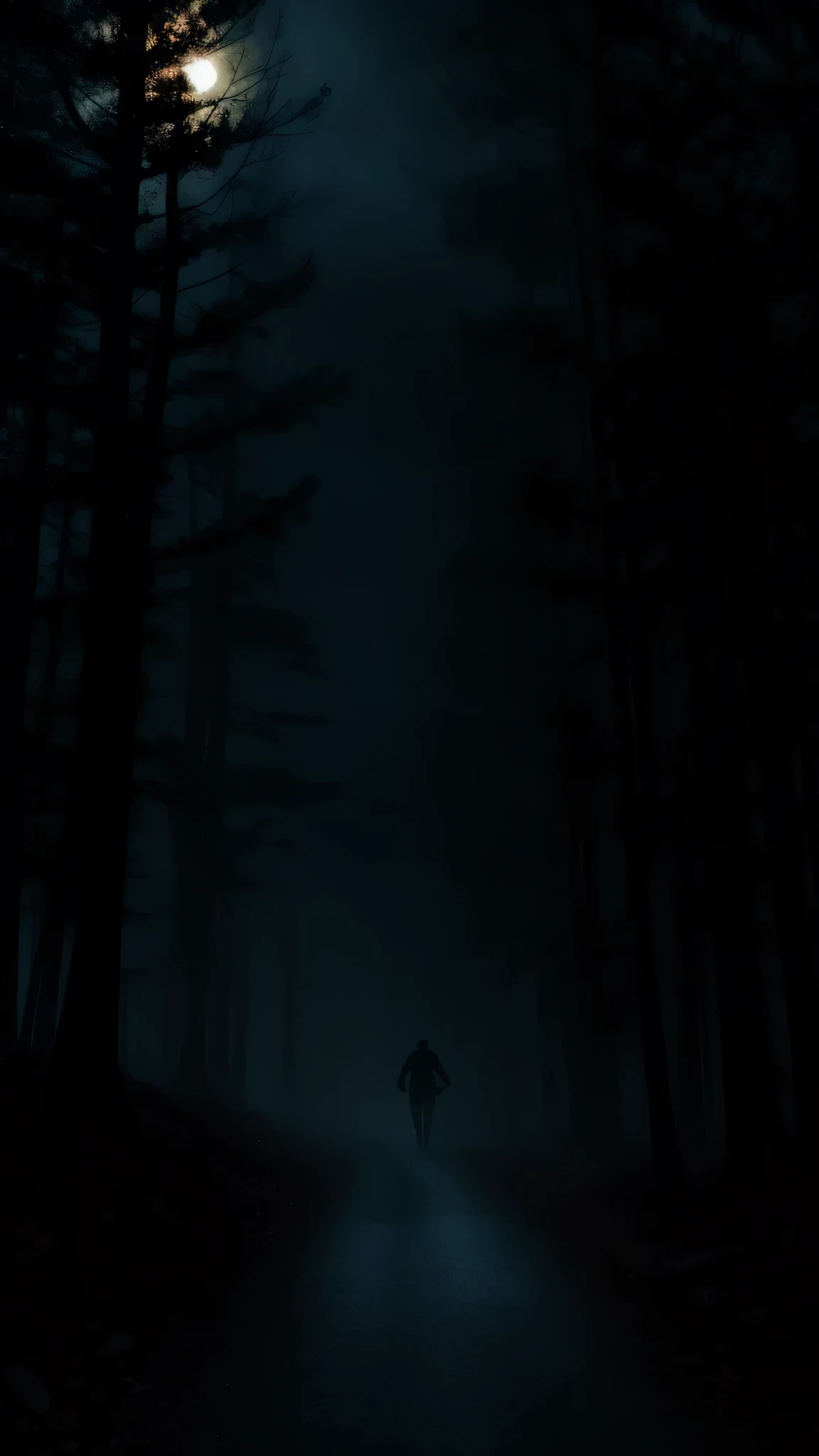 A dramatic scene in which a character is running through the forest, looking terrified, while shadowy figures surround him. The setting is dark, with the moonlight subtly illuminating the scene, heightening the sense of despair.