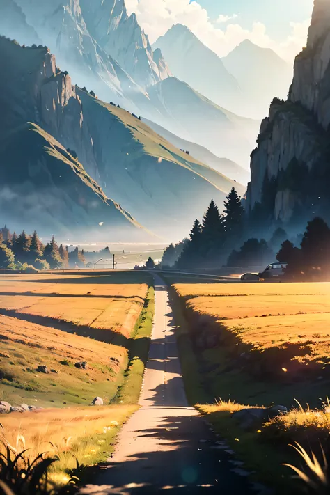 A noon in summer, plenty of sunshine, a road with a clear background, endless grass beside the road, rugged mountains in the distance, lakes in the distance, (high detail RAW photo), (Masterpiece, realistic, dramatic and cinematic lighting, key light, fill...