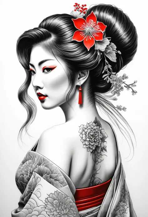 A detailed black and white drawing of a geisha made with a fine black pencil. Viewed from behind, up to her waist, she looks at the viewer, turning her head to her left shoulder. Japanese geisha makeup, stylish tattoos with dragons and flowers. complicated...