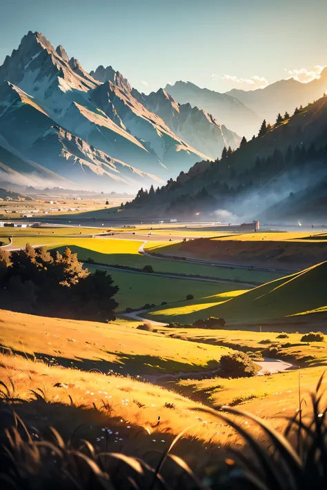 A noon in summer, plenty of sunshine, a road with a clear background, endless grass beside the road, rugged mountains in the distance, lakes in the distance, (high detail RAW photo), (Masterpiece, realistic, dramatic and cinematic lighting, key light, fill...