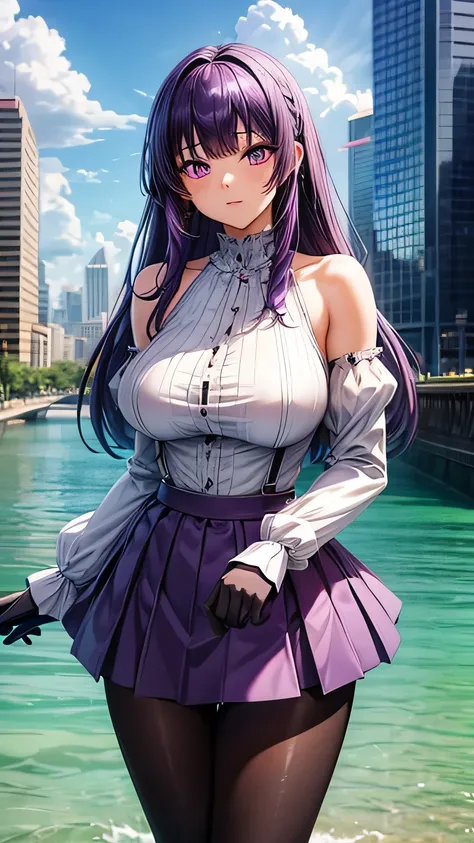 masterpiece, best quality,kfk, 1girl, bangs, bare_shoulders, skirt, breasts, gloves, jewelry, large_breasts, long_hair, long_sleeves, pantyhose, purple_eyes, purple_hair, shirt, solo,viewer,bikini, (sun, cloud,renaissance city around water,outdoors :1.1),r...