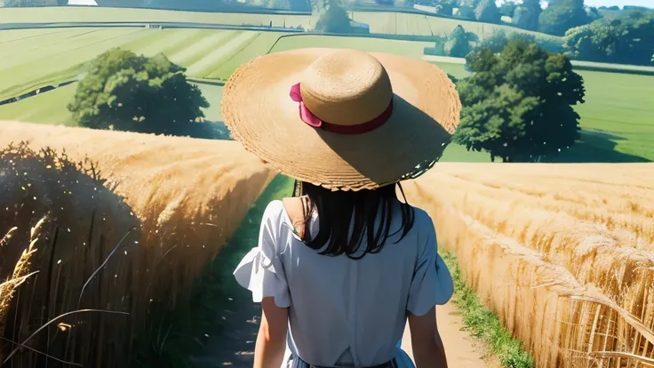 Immortal style、Woman wearing a straw hat、Rear view、Wheat field、Fantasy、Nostalgic