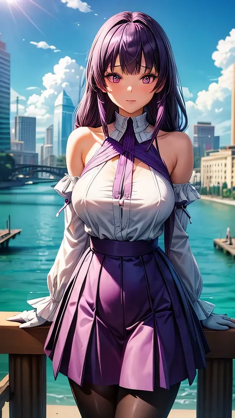 masterpiece, best quality,kfk, 1girl, bangs, bare_shoulders, skirt, breasts, gloves, jewelry, large_breasts, long_hair, long_sleeves, pantyhose, purple_eyes, purple_hair, shirt, solo,viewer,bikini, (sun, cloud,renaissance city around water,outdoors :1.1),r...