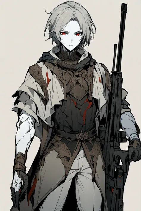 White skin、Red eyes、male（20）、Hold a sniper rifle、After the Battle, Grey Hair, Parted bangs, Character design drawings, Setting diagram（battlefield、ruins）, 