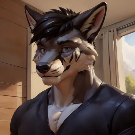 uploaded on e621.net, (best quality, masterpiece, highres, HD, 16k, textured skin)+, (ultra realism shading, photorealistic)+++, anthro, (fox)+, (grey body)++, (fur on cheeks)+, haircut, slim physique, male focus, male, gay, handsome, (male solo)++, (face ...