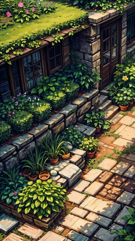 (landscape), A small herb garden with fragrant plants growing between stone benches