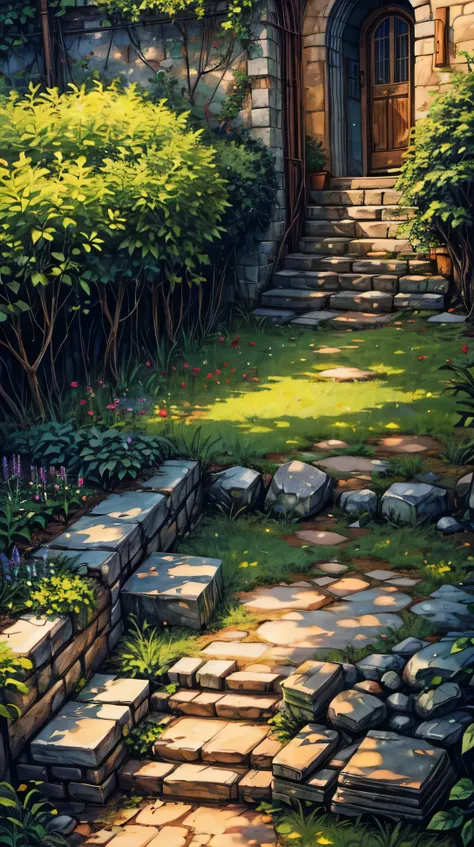 (landscape), a small herb garden with fragrant plants growing between stone benches