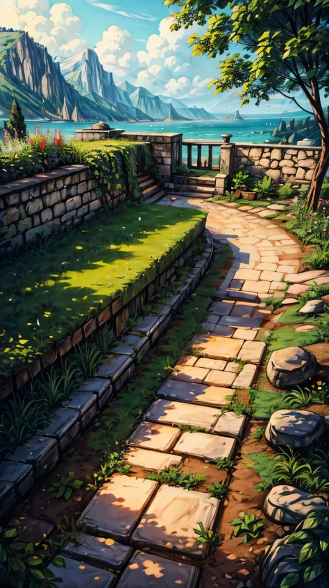 (landscape), A small herb garden with fragrant plants growing between stone benches