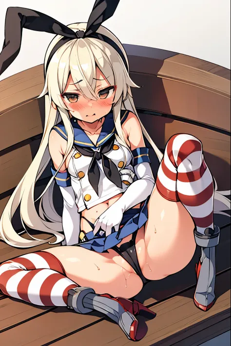 Shimakaze,  sleepy eyes, blush, spread legs, legs up, show feet, pussy, pussy juice, trembling, heart symbol, lovely, sweaty