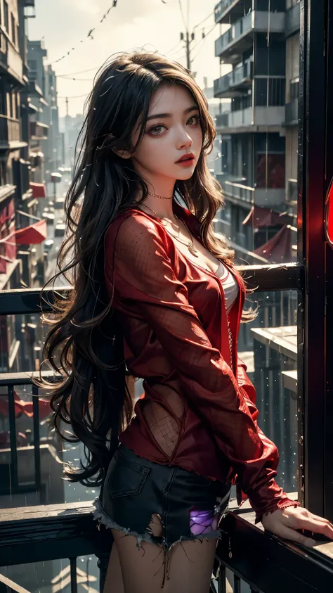 Top quality, masterpiece, ultra high definition, Original photo, 1 Girl, ((mesh sardine)), cinematic lighting, very long hair, detailed eyes, wind, necklace, piercing, ((torn clothing)), ((red clothing)), ((glowing lights)), ((water)), in the balcony, rain...