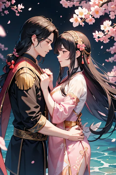 a romantic digital artwork depicting a couple in traditional chinese attire. the woman wears a flowing pink dress with delicate ...