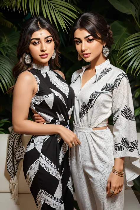 Face mix of Shailesh Dinanth Parate with Hansika Motwani-in a black and white jumpsuit with a white flower print, jumpsuits, wearing an elegant tribal outfit, jumpsuit, black and white clothes, graphic print, monochrome, black & white, frock, black white, ...