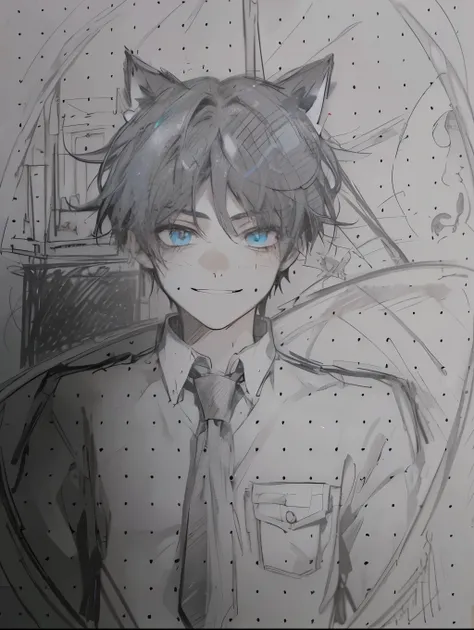 a boy, short black hair, hair parted on both sides and on the left side there are two hairpins, has black cat ears and a black cat tail, ocean blue eyes, has cat fangs and rabbit teeth, wearing a simple white shirt with a red tie, smiling brightly